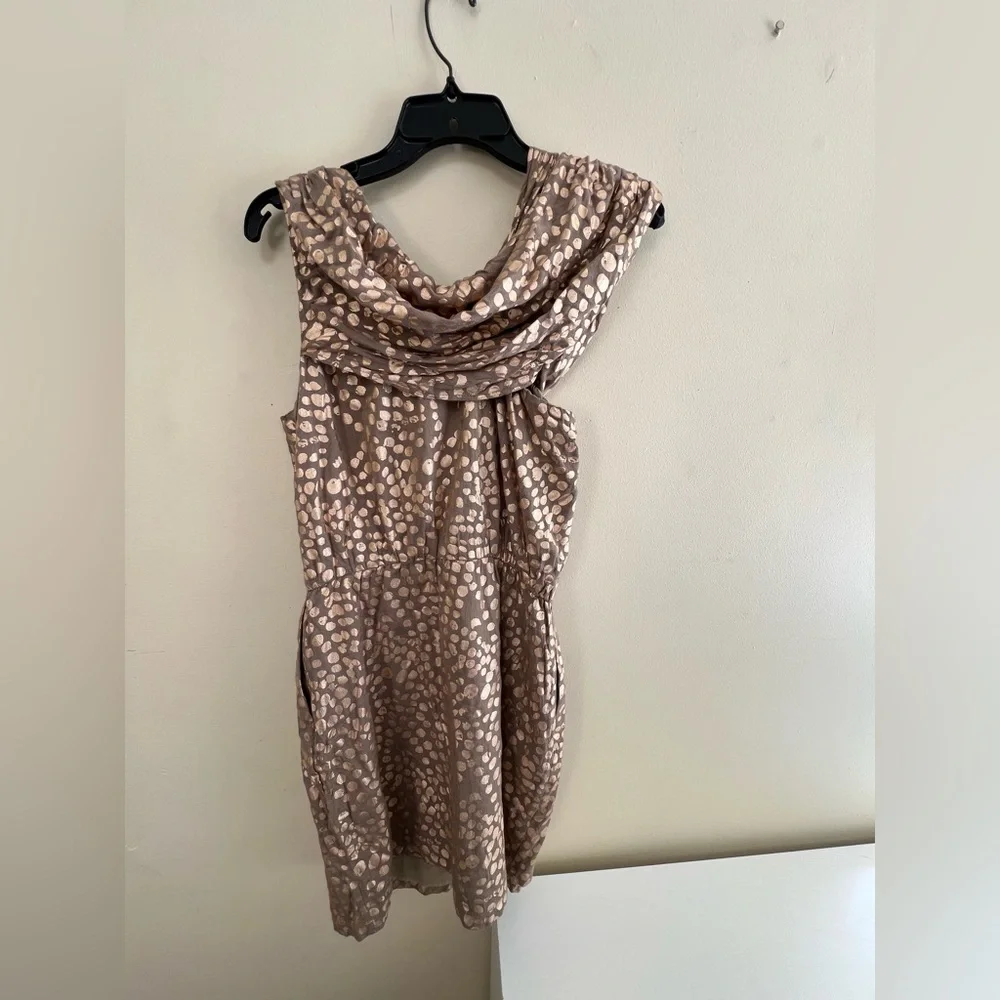 Sass and Bide Artistic print Dress dark tan with gold shaped irregular dots - Picture 4 of 7